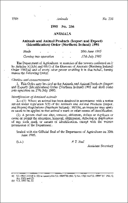 The Animals and Animal Products (Import and Export) (Identification) Order (Northern Ireland) 1995