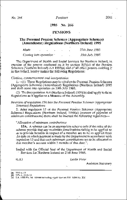 The Personal Pension Schemes (Appropriate Schemes) (Amendment) Regulations (Northern Ireland) 1995