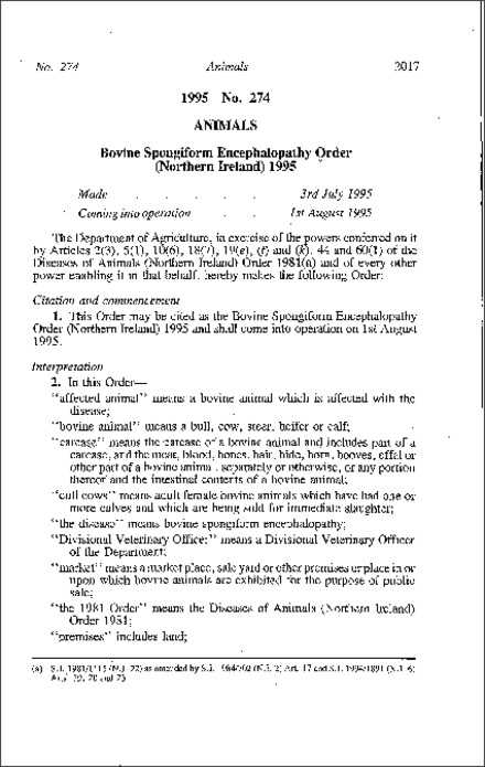 The Bovine Spongiform Encephalopathy Order (Northern Ireland) 1995