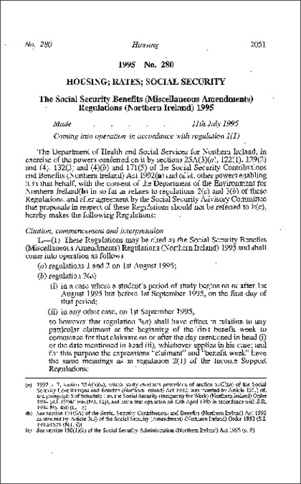 The Social Security Benefits (Miscellaneous Amendment) Regulations (Northern Ireland) 1995