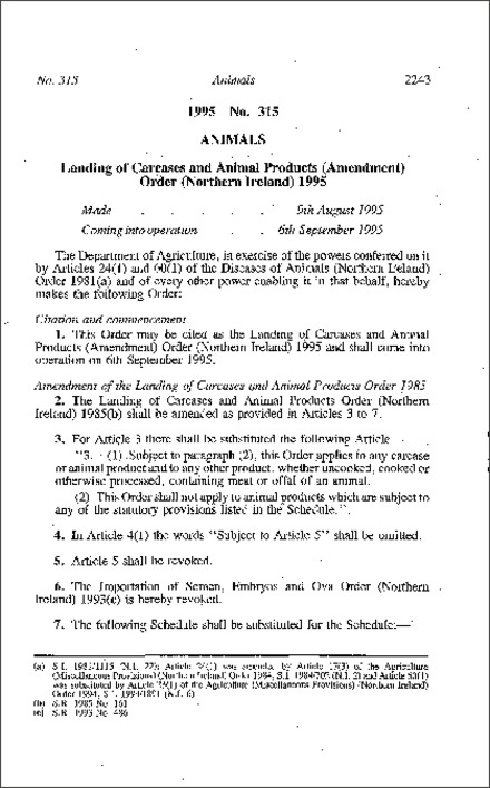 The Landing of Carcases and Animal Products (Amendment) Order (Northern Ireland) 1995