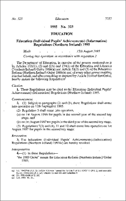 The Education (Individual Pupils' Achievements) (Information) Regulations (Northern Ireland) 1995