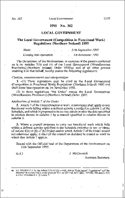 The Local Government (Competition in Functional Work) Regulations (Northern Ireland) 1995
