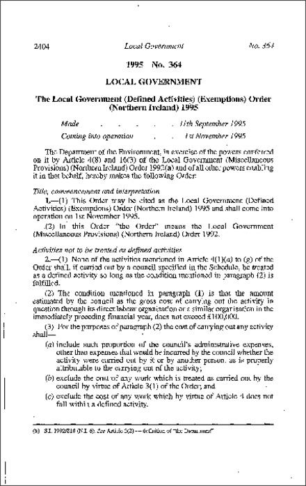 The Local Government (Defined Activities) (Exemptions) Order (Northern Ireland) 1995