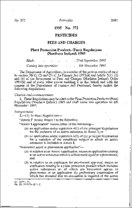 The Plant Protection Products (Fees) Regulations (Northern Ireland) 1995