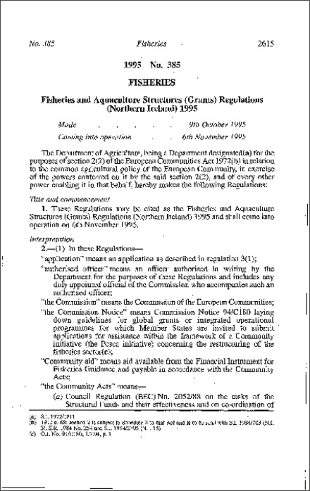The Fisheries and Aquaculture Structures (Grants) Regulations (Northern Ireland) 1995