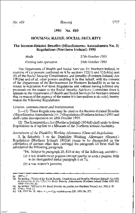 The Income-Related Benefits (Miscellaneous Amendment No. 3) Regulations (Northern Ireland) 1995