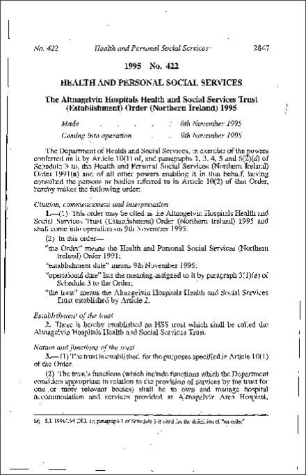The Altnagelvin Hospitals Health and Social Services Trust (Establishment) Order (Northern Ireland) 1995