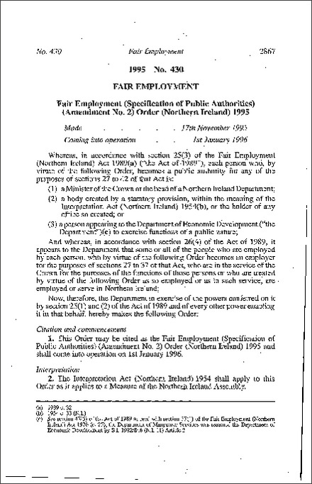The Fair Employment (Specification of Public Authorities) (Amendment No. 2) Order (Northern Ireland) 1995
