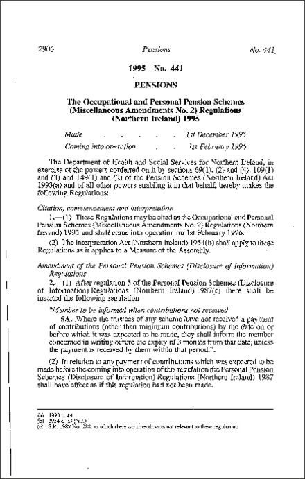 The Occupational and Personal Pension Schemes (Miscellaneous Amendment No. 2) Regulations (Northern Ireland) 1995