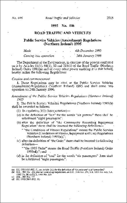 The Public Service Vehicles (Amendment) Regulations (Northern Ireland) 1995