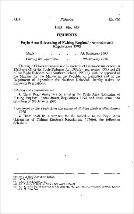 The Foyle Area (Licensing of Fishing Engines) (Amendment) Regulations (Northern Ireland) 1995