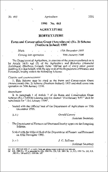 The Farm and Conservation Grant (Amendment) (No. 2) Scheme (Northern Ireland) 1995