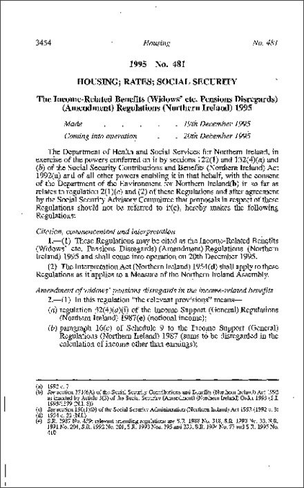 The Income-Related Benefits (Widows' etc. Pensions Disregards) (Amendment) Regulations (Northern Ireland) 1995