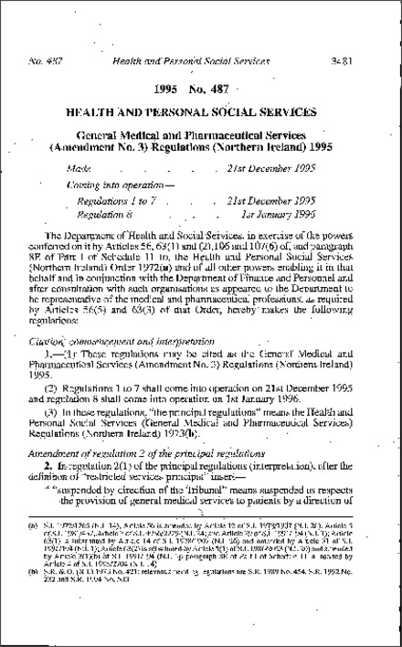 The General Medical and Pharmaceutical Services (Amendment No. 3) Regulations (Northern Ireland) 1995