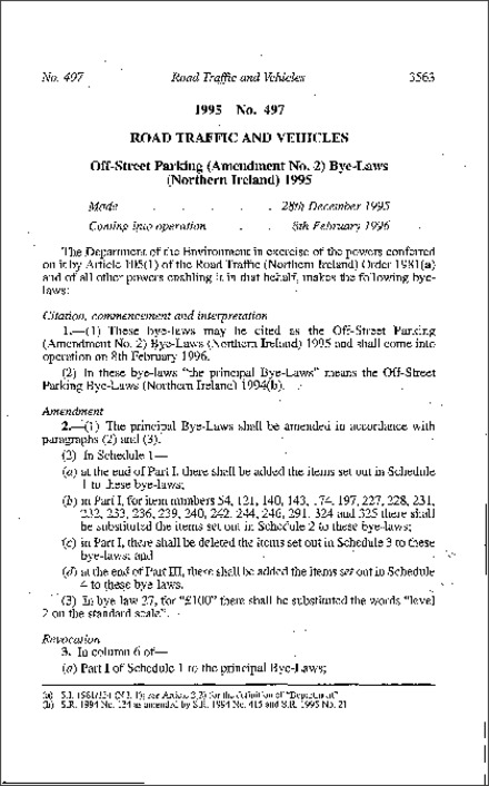 The Off-Street Parking (Amendment No. 2) Bye-Laws (Northern Ireland) 1995