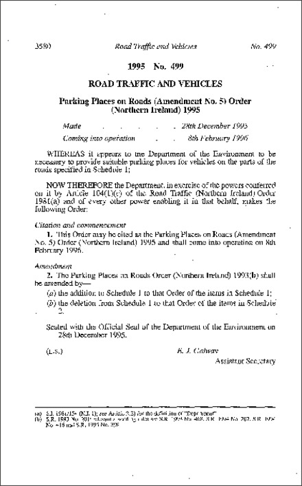 The Parking Places on Roads (Amendment No. 5) Order (Northern Ireland) 1995