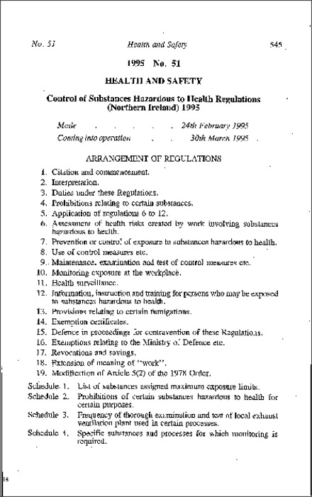 The Control of Substances Hazardous to Health Regulations (Northern Ireland) 1995