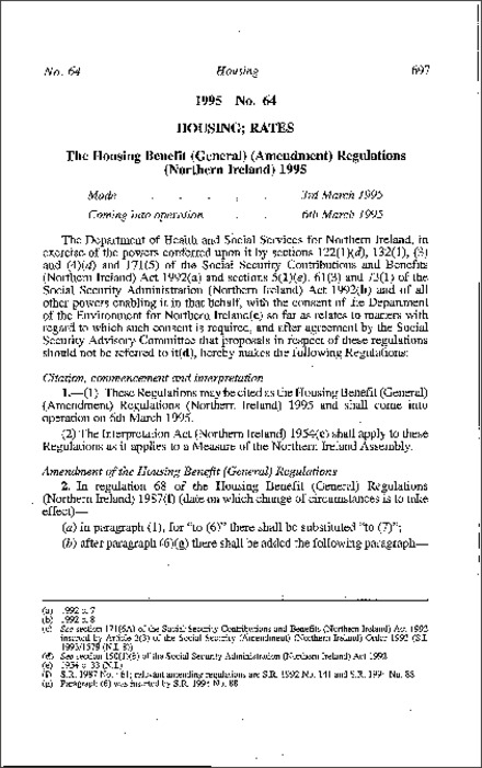 The Housing Benefit (General) (Amendment) Regulations (Northern Ireland) 1995
