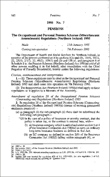 The Occupational and Personal Pension Schemes (Miscellaneous Amendment) Regulations (Northern Ireland) 1995