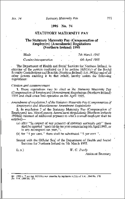 The Statutory Maternity Pay (Compensation of Employers) (Amendment) Regulations (Northern Ireland) 1995
