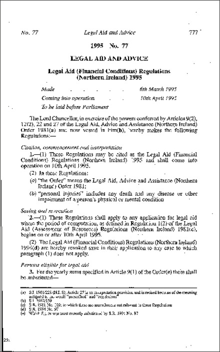 The Legal Aid (Financial Conditions) Regulations (Northern Ireland) 1995