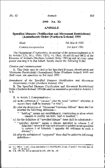The Specified Diseases (Notification and Movement Restrictions) (Amendment) Order (Northern Ireland) 1995