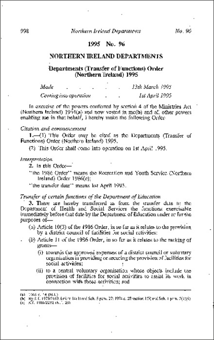The Departments (Transfer of Functions) Order (Northern Ireland) 1995