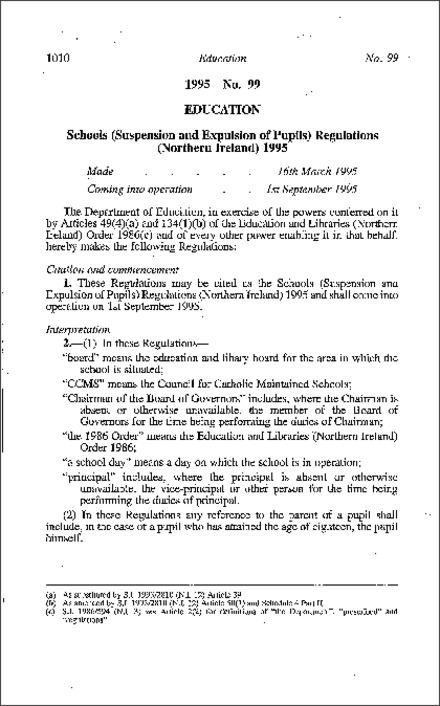 The Schools (Suspension and Expulsion of Pupils) Regulations (Northern Ireland) 1995
