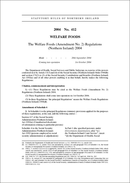 The Welfare Foods (Amendment No. 2) Regulations (Northern Ireland) 2004