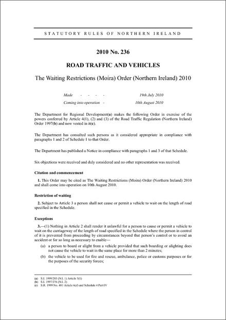 The Waiting Restrictions (Moira) Order (Northern Ireland) 2010