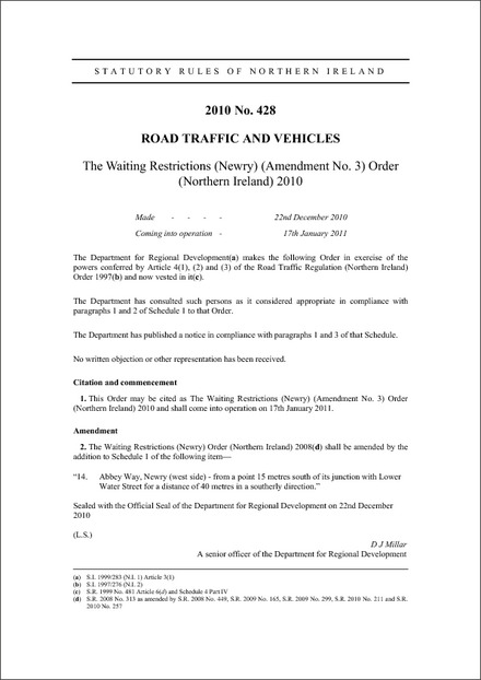 The Waiting Restrictions (Newry) (Amendment No. 3) Order (Northern Ireland) 2010
