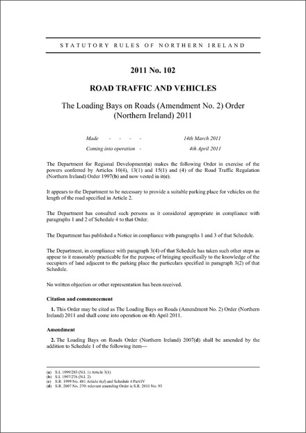 The Loading Bays on Roads (Amendment No. 2) Order (Northern Ireland) 2011