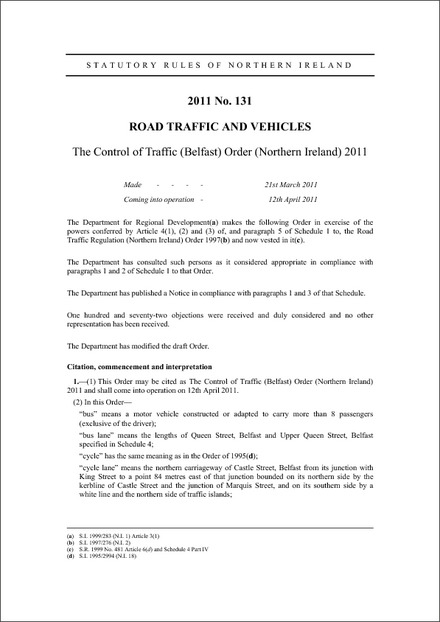 The Control of Traffic (Belfast) Order (Northern Ireland) 2011