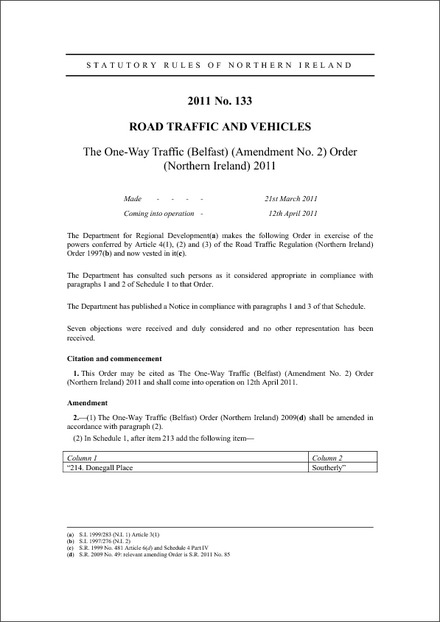 The One-Way Traffic (Belfast) (Amendment No. 2) Order (Northern Ireland) 2011