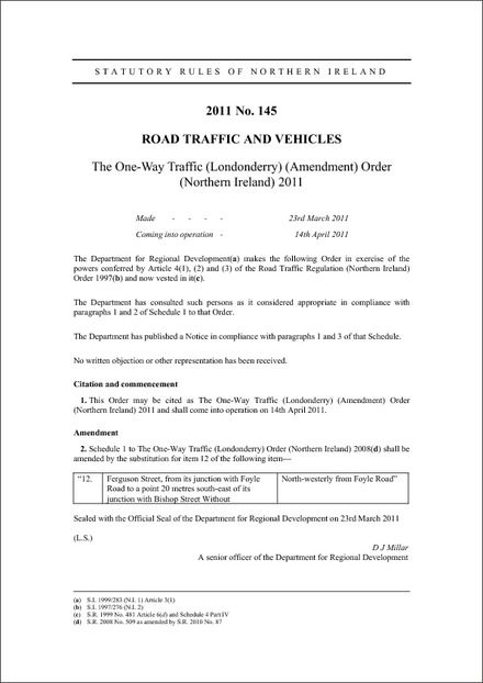 The One-Way Traffic (Londonderry) (Amendment) Order (Northern Ireland) 2011