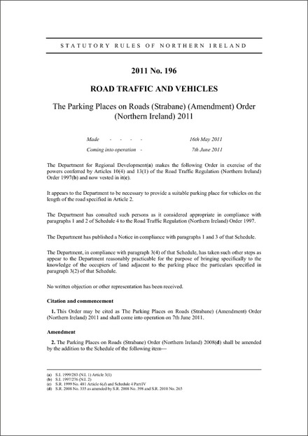 The Parking Places on Roads (Strabane) (Amendment) Order (Northern Ireland) 2011
