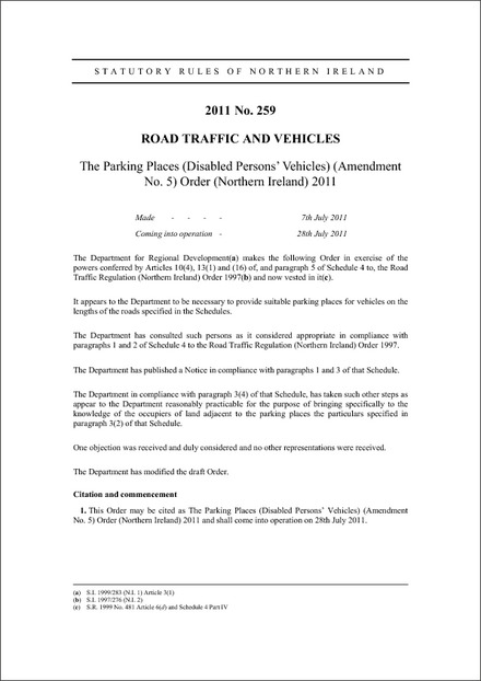 The Parking Places (Disabled Persons’ Vehicles) (Amendment No. 5) Order (Northern Ireland) 2011