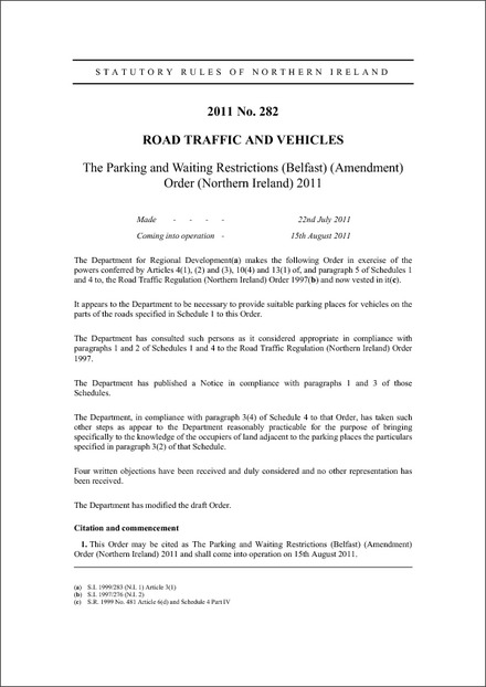 The Parking and Waiting Restrictions (Belfast) (Amendment) Order (Northern Ireland) 2011