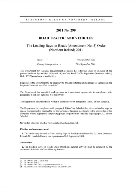 The Loading Bays on Roads (Amendment No. 5) Order (Northern Ireland) 2011