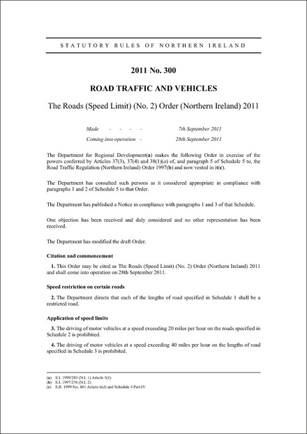 The Roads (Speed Limit) (No. 2) Order (Northern Ireland) 2011