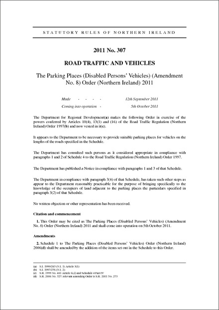 The Parking Places (Disabled Persons’ Vehicles) (Amendment No. 8) Order (Northern Ireland) 2011
