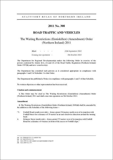 The Waiting Restrictions (Enniskillen) (Amendment) Order (Northern Ireland) 2011