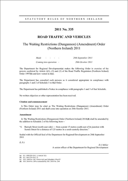 The Waiting Restrictions (Dungannon) (Amendment) Order (Northern Ireland) 2011