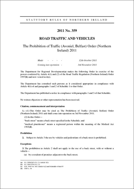 The Prohibition of Traffic (Avoniel, Belfast) Order (Northern Ireland) 2011