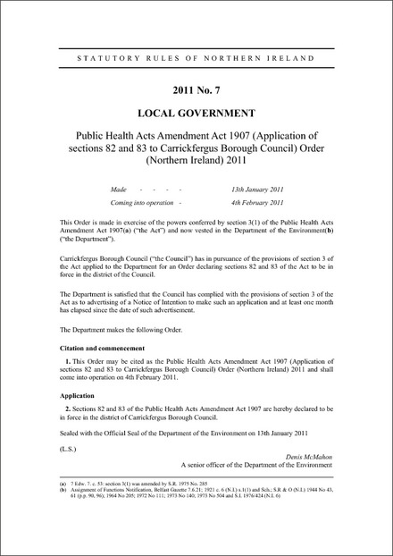 Public Health Acts Amendment Act 1907 (Application of sections 82 and 83 to Carrickfergus Borough Council) Order (Northern Ireland) 2011