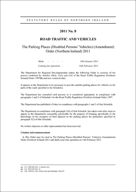The Parking Places (Disabled Persons’ Vehicles) (Amendment) Order (Northern Ireland) 2011