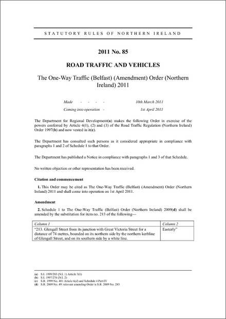 The One-Way Traffic (Belfast) (Amendment) Order (Northern Ireland) 2011