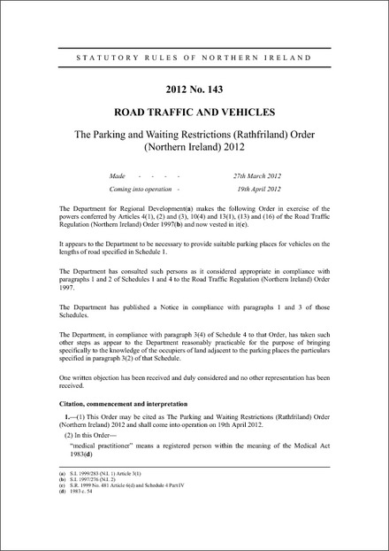 The Parking and Waiting Restrictions (Rathfriland) Order (Northern Ireland) 2012