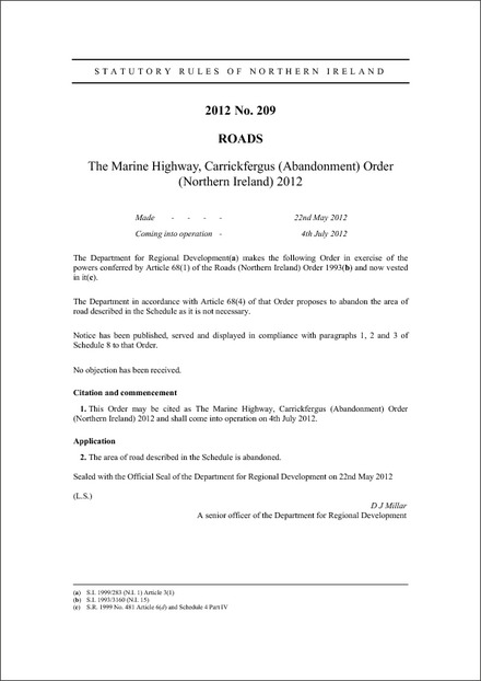 The Marine Highway, Carrickfergus (Abandonment) Order (Northern Ireland) 2012